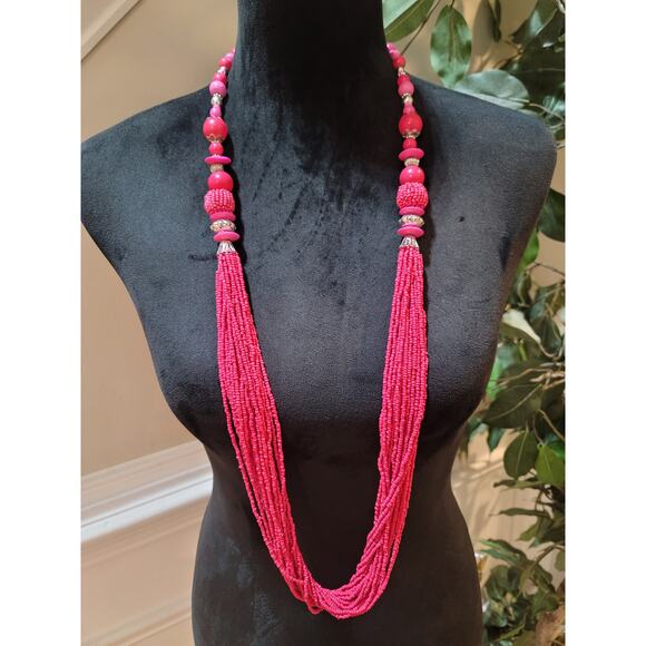Women's Pink Multi Strand Beaded Necklace Handmade Statement Jewelry Piece - Picture 2 of 7